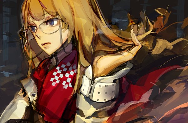 Anime picture 1200x785 with original panamaman single long hair blue eyes blonde hair adjusting hair girl glasses scarf red scarf