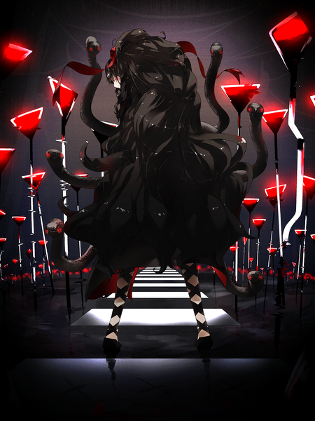 Anime picture 1250x1666 with kagerou project shaft (studio) azami (kagerou project) maam2828 single tall image fringe black hair smile red eyes very long hair looking back from behind smirk crosswalk girl dress ribbon (ribbons) hair ribbon animal