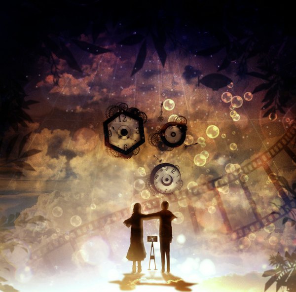 Anime picture 1000x987 with original harada miyuki short hair standing sky cloud (clouds) shadow couple back abstract girl boy scarf leaf (leaves) bubble (bubbles) clock