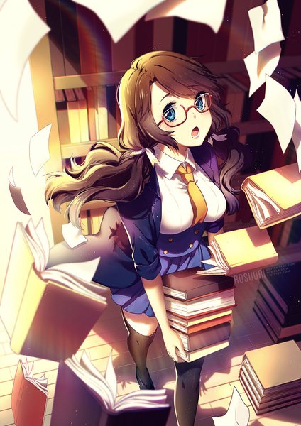 Anime picture 700x990 with original rosuuri single long hair tall image looking at viewer open mouth blue eyes brown hair girl thighhighs skirt uniform black thighhighs school uniform glasses necktie book (books) paper shelf