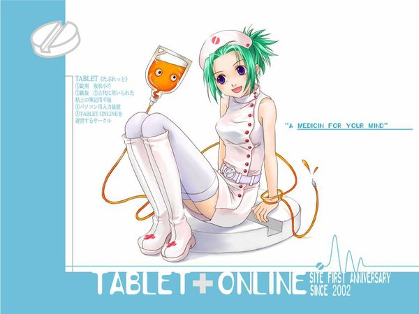 Anime picture 1024x768 with single short hair open mouth purple eyes green hair nurse girl thighhighs white thighhighs