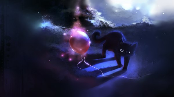 Anime picture 1920x1080 with original apofiss highres wide image wallpaper gloom plant (plants) animal cat grass balloon