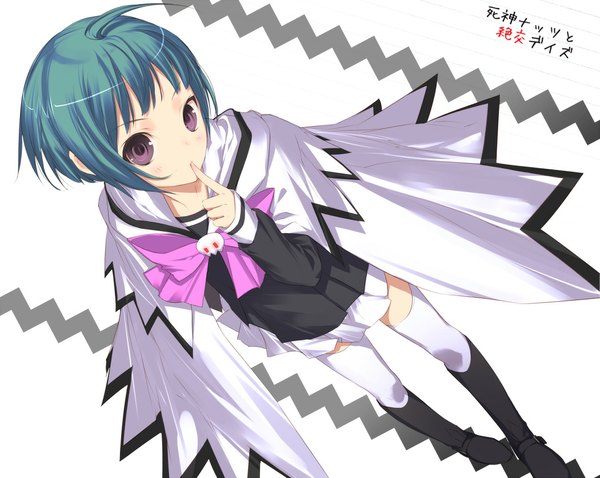 Anime picture 1050x838 with shinigami nattsu to zekkou days uni (plastic girl) single short hair standing white background purple eyes full body ahoge from above aqua hair copyright name finger to mouth girl thighhighs white thighhighs cape knee boots