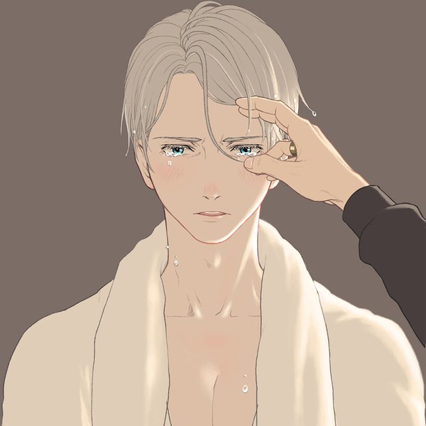 Anime picture 800x800 with yuri!!! on ice mappa viktor nikiforov yuhei looking at viewer blush short hair open mouth simple background blonde hair upper body long sleeves aqua eyes tears outstretched arm adjusting hair solo focus pov brown background towel around neck