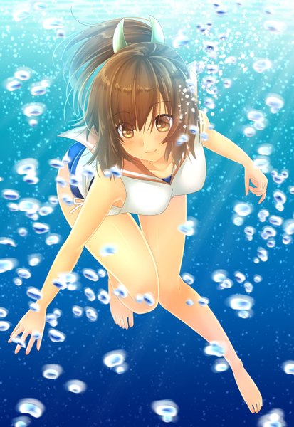 Anime picture 1116x1620 with kantai collection i-401 aircraft carrying submarine baretto single tall image looking at viewer blush short hair brown hair brown eyes underwater girl swimsuit one-piece swimsuit bubble (bubbles) sailor suit