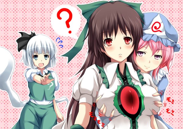 Anime picture 2000x1413 with touhou konpaku youmu saigyouji yuyuko reiuji utsuho yappen long hair looking at viewer blush highres short hair open mouth blue eyes light erotic black hair smile red eyes multiple girls pink hair white hair pink eyes