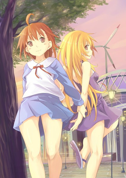 Anime picture 1032x1457 with to aru kagaku no railgun j.c. staff misaka mikoto shokuhou misaki hpflower (artist) long hair tall image blush short hair breasts blonde hair smile brown hair bare shoulders multiple girls brown eyes bare legs loli girl dress