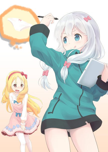 Anime picture 1295x1812 with eromanga sensei a-1 pictures izumi sagiri yamada elf kanchan (kanchan220) long hair tall image blush open mouth light erotic blonde hair simple background smile multiple girls holding brown eyes looking away silver hair looking back arm up