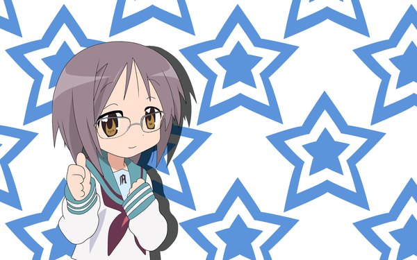 Anime picture 1920x1200 with suzumiya haruhi no yuutsu lucky star kyoto animation nagato yuki hiiragi tsukasa highres thumbs up girl glasses star (symbol)