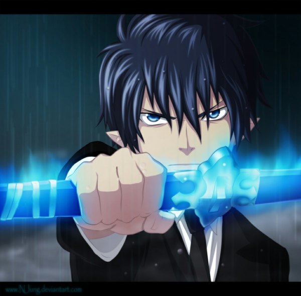 Anime picture 1024x1009 with ao no exorcist a-1 pictures okumura rin natilokijung single looking at viewer short hair blue eyes black hair coloring magic rain face boy weapon sword necktie katana suit