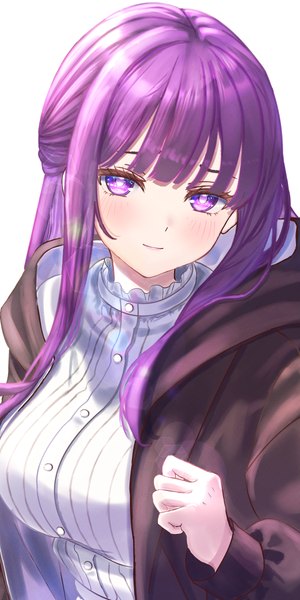 Anime picture 2400x4800 with sousou no frieren fern (sousou no frieren) zea (zeamilky) single long hair tall image looking at viewer blush fringe highres simple background white background purple eyes purple hair upper body blunt bangs light smile half updo girl