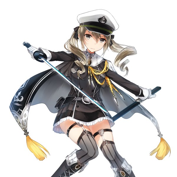 Anime picture 1200x1200 with original shiobana single long hair looking at viewer breasts simple background white background bent knee (knees) grey eyes drill hair serious military girl skirt gloves ribbon (ribbons) weapon hair ribbon miniskirt