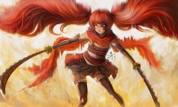 Anime picture 5481x3325 with original kuon (kwonchanji) single long hair looking at viewer highres red eyes wide image twintails absurdres red hair realistic girl thighhighs gloves weapon black thighhighs sword elbow gloves katana