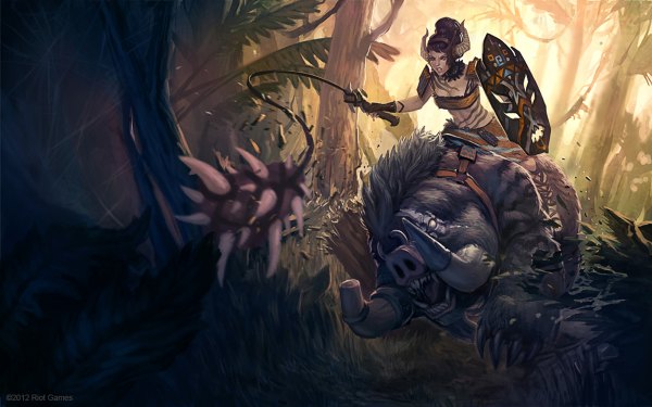 Anime picture 1200x750 with league of legends sejuani (league of legends) single brown hair wide image horn (horns) teeth fang (fangs) girl animal tree (trees) forest shield mace jungle