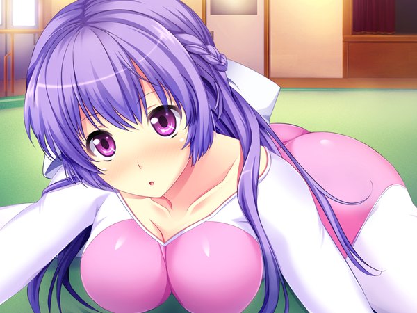 Anime picture 1024x768 with spocon! shinjou yukari marushin (denwa0214) long hair blush breasts light erotic large breasts purple eyes game cg purple hair girl