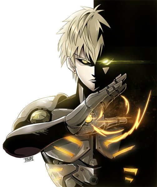 Anime picture 840x1001 with one-punch man madhouse genos kagamihp single tall image looking at viewer fringe short hair blonde hair simple background signed lips glowing eyebrows glowing eye (eyes) black sclera superhero boy earrings