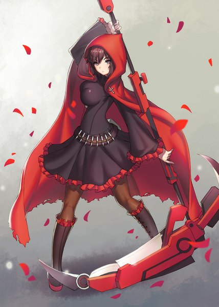 Anime picture 714x1000 with rwby rooster teeth ruby rose s-goon single tall image looking at viewer fringe short hair breasts brown hair pink eyes fighting stance girl dress weapon petals pantyhose hood cape