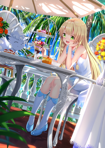 Anime picture 1102x1560 with pokemon pokemon sm nintendo lillie (pokemon) alolan vulpix swordsouls long hair tall image blush open mouth blonde hair bare shoulders green eyes looking away sky braid (braids) :d twin braids summer gen 1 pokemon