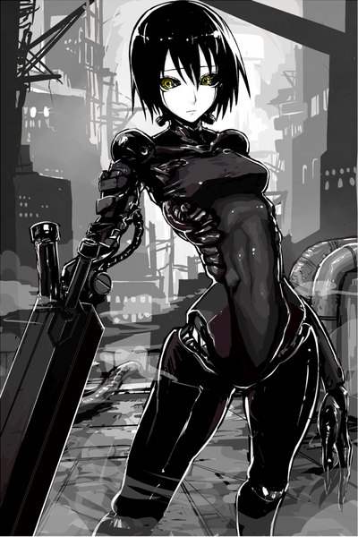Anime picture 699x1049 with blame! sanakan fushoku single tall image looking at viewer fringe short hair black hair holding yellow eyes city monochrome cityscape science fiction arm cannon girl weapon bodysuit wire (wires)