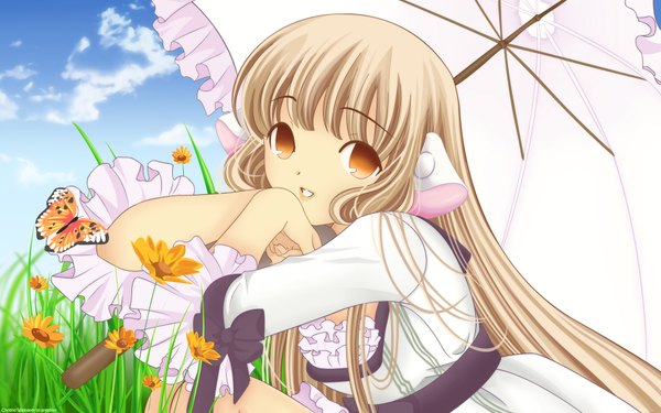 Anime picture 1920x1200 with chobits chii single long hair looking at viewer highres brown hair wide image sitting brown eyes payot sky cloud (clouds) upper body long sleeves nature girl dress flower (flowers) plant (plants)
