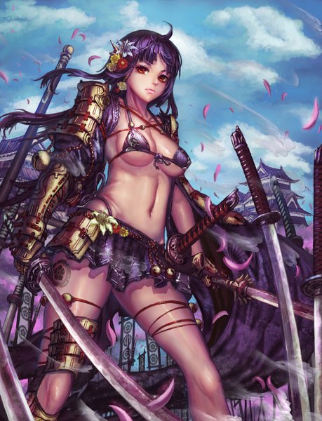 Anime picture 994x1300 with sengoku taisen oichi (sengoku taisen) edenfox single long hair tall image breasts light erotic black hair red eyes sky cloud (clouds) hair flower girl skirt navel hair ornament flower (flowers) weapon swimsuit