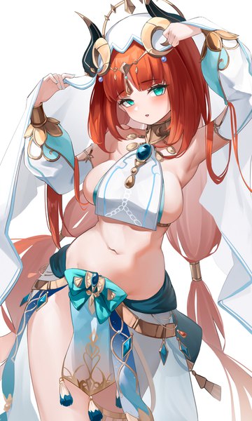 Anime picture 3000x5000 with genshin impact nilou (genshin impact) berserker r single long hair tall image looking at viewer blush fringe highres breasts open mouth light erotic simple background large breasts standing white background twintails red hair blunt bangs