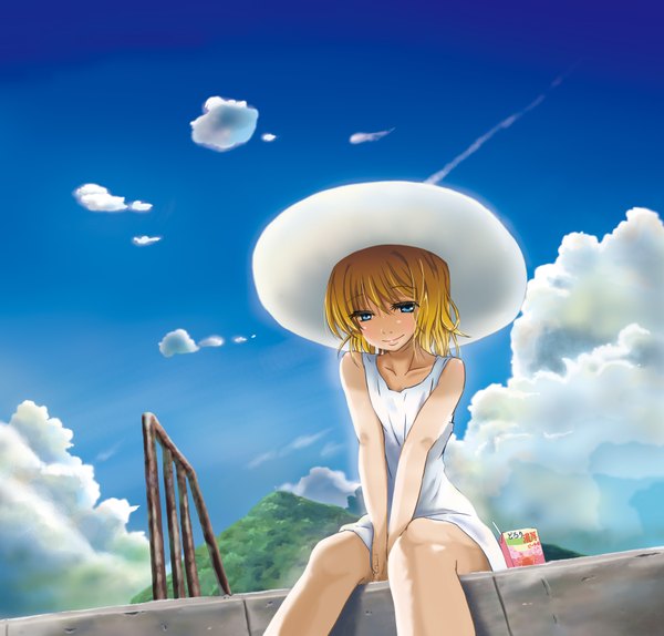 Anime picture 3630x3474 with air key (studio) kamio misuzu highres blue eyes blonde hair absurdres sky cloud (clouds) girl hat