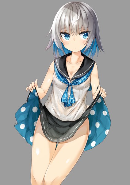 Anime picture 800x1131 with original kavka single tall image fringe short hair blue eyes light erotic simple background standing signed blue hair looking away pleated skirt multicolored hair grey hair grey background two-tone hair bare legs shiny skin