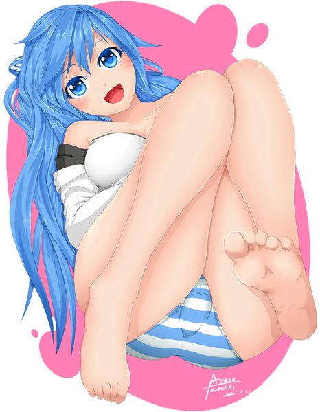 Anime picture 1000x1285 with original ayase tamaki single long hair tall image blush open mouth blue eyes light erotic blue hair barefoot legs girl underwear panties