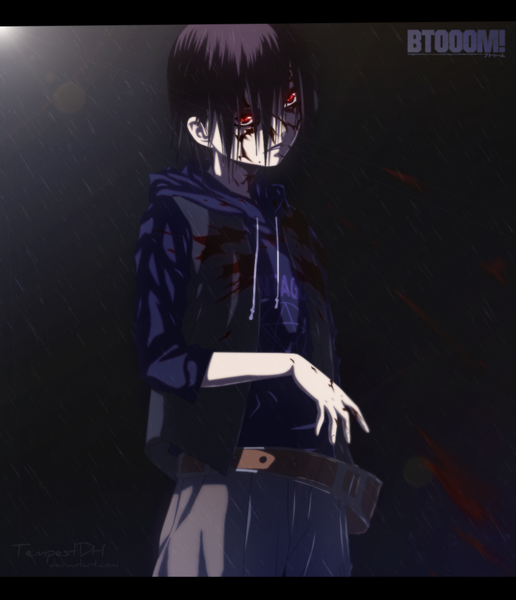 Anime picture 957x1112 with btooom! madhouse kira kousuke tempestdh single tall image short hair red eyes brown hair inscription coloring light boy blood