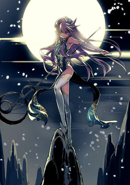 Anime picture 1447x2046 with precure heartcatch precure! toei animation tsukikage yuri cure moonlight ishida akira single long hair tall image looking at viewer fringe light erotic hair between eyes standing holding sky purple hair bent knee (knees) traditional clothes multicolored hair