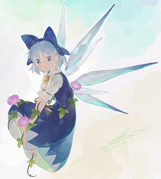 Anime picture 1202x1335 with touhou hidden star in four seasons cirno tanned cirno shihou (g-o-s) single tall image looking at viewer short hair blue eyes simple background signed blue hair full body light smile dated midair girl dress flower (flowers)
