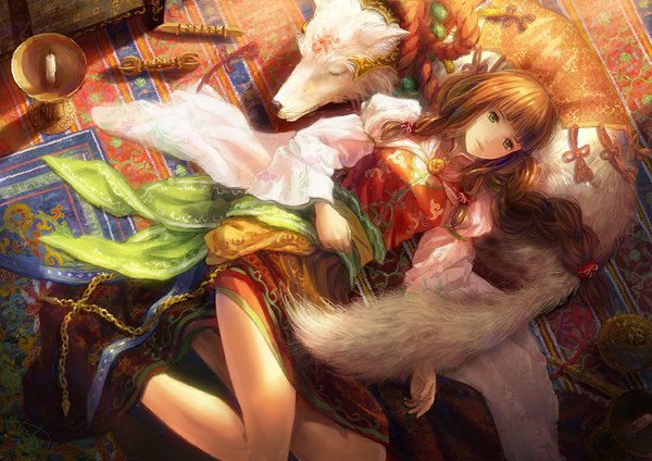 Anime picture 1100x778 with original miyai haruki single long hair looking at viewer fringe breasts brown hair green eyes signed bent knee (knees) lying braid (braids) eyes closed long sleeves traditional clothes light smile from above sunlight wide sleeves