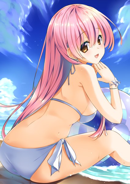Anime picture 2149x3035 with original miyashita maka single long hair tall image looking at viewer fringe highres open mouth light erotic hair between eyes sitting brown eyes pink hair sky cloud (clouds) :d from behind beach fingers together