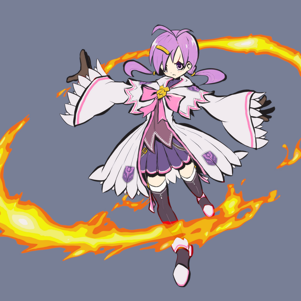 Anime picture 1476x1476 with elsword aisha landar elemental master (elsword) yakult smoothie (yakultsmoothie) short hair simple background twintails purple eyes looking away purple hair ahoge parted lips pleated skirt grey background wide sleeves zettai ryouiki magic spread arms magical girl frown