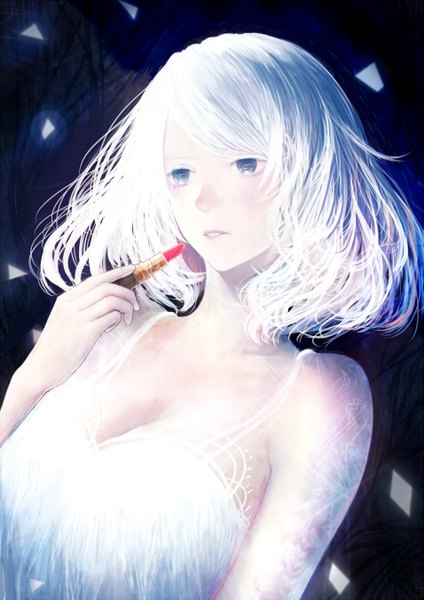 Anime picture 955x1350 with original bounin single tall image blush short hair open mouth bare shoulders looking away cleavage white hair light smile lips tattoo symbol-shaped pupils girl dress white dress lipstick tube
