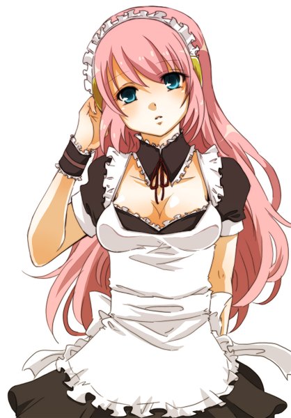 Anime picture 1000x1434 with vocaloid megurine luka yucco kxoxc single long hair tall image blue eyes simple background white background pink hair maid girl headdress maid headdress