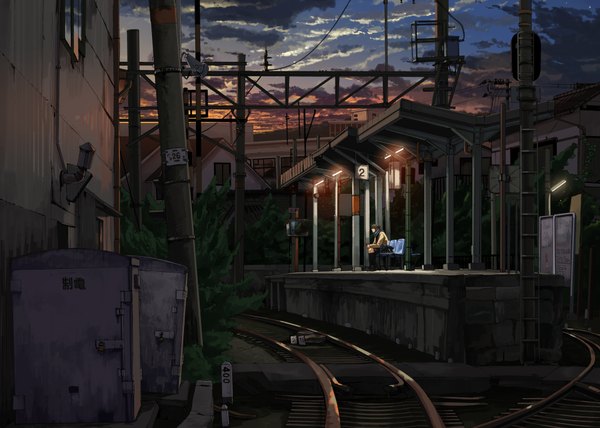 Anime picture 1918x1370 with original kuronokuro single highres sitting holding sky cloud (clouds) morning sunrise girl skirt plant (plants) tree (trees) socks shoes scarf bag train station railways