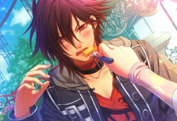 Anime picture 5161x3546 with amnesia idea factory shin (amnesia) blush highres short hair open mouth red eyes brown hair absurdres eating boy food hood collar fork amusement park