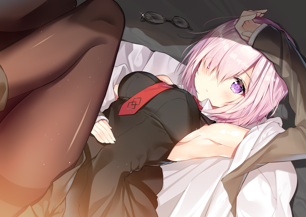 Anime picture 1200x850 with fate (series) fate/grand order mash kyrielight necomi (gussan) single looking at viewer blush fringe short hair breasts light erotic large breasts purple eyes bare shoulders pink hair bent knee (knees) lying long sleeves from above hair over one eye