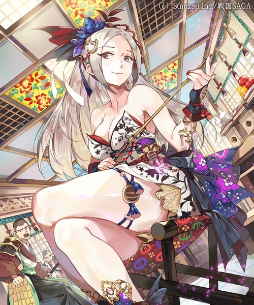 Anime picture 700x840 with original inzup long hair tall image breasts light erotic smile large breasts sitting purple eyes bare shoulders holding payot looking away cleavage silver hair bent knee (knees) indoors nail polish traditional clothes