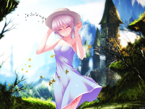Anime picture 1400x1050 with ndj4 single looking at viewer short hair red eyes bare shoulders signed pink hair wind tattoo girl plant (plants) hat tree (trees) leaf (leaves) sundress castle