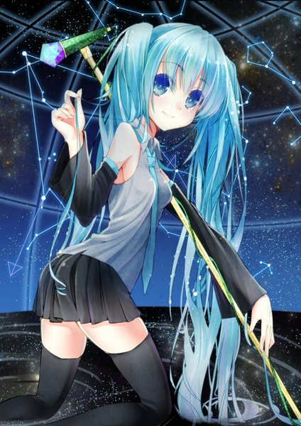 Anime picture 1191x1684 with vocaloid hatsune miku tika (mika4975) single tall image looking at viewer blush blue eyes smile twintails bare shoulders very long hair pleated skirt aqua hair constellation girl thighhighs skirt black thighhighs detached sleeves