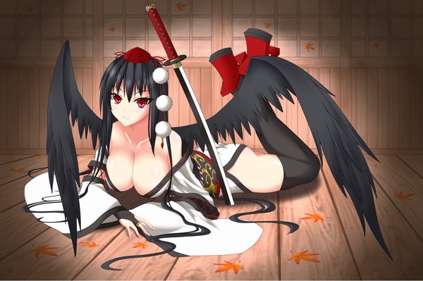 Anime picture 2000x1333 with touhou shameimaru aya gmot single long hair looking at viewer highres breasts light erotic black hair red eyes large breasts girl thighhighs weapon black thighhighs hat sword wings katana