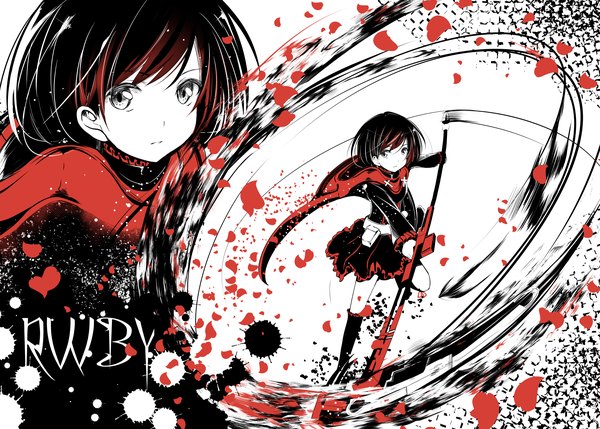 Anime picture 2000x1430 with rwby rooster teeth ruby rose dekochin hammer single highres short hair open mouth black hair holding hands silver eyes fighting stance girl skirt flower (flowers) weapon miniskirt petals rose (roses) scythe