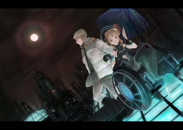 Anime picture 1303x925 with original ririnra (artist) long hair short hair blonde hair smile brown hair night city multicolored eyes girl boy gloves headphones moon umbrella mermaid wheelchair