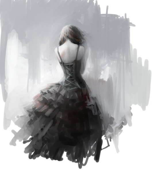 Anime picture 884x925 with original tsubu mikan single long hair tall image black hair standing white background wind from behind grey background back sketch girl dress black dress corset