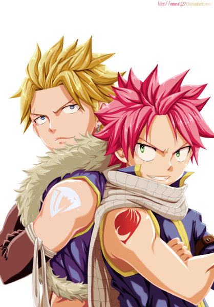 Anime picture 800x1147 with fairy tail natsu dragneel sting eucliffe enara123 tall image short hair blue eyes blonde hair simple background smile white background green eyes pink hair multiple boys tattoo sleeveless grin coloring crossed arms muscle