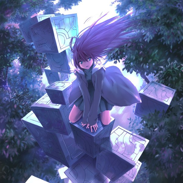 Anime picture 1024x1024 with original ssi single long hair blue eyes purple hair wind girl plant (plants) tree (trees) cube