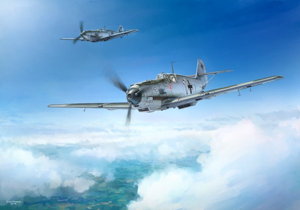 Anime picture 1300x913 with original kurokawa kenji sky cloud (clouds) flying military weapon aircraft airplane
